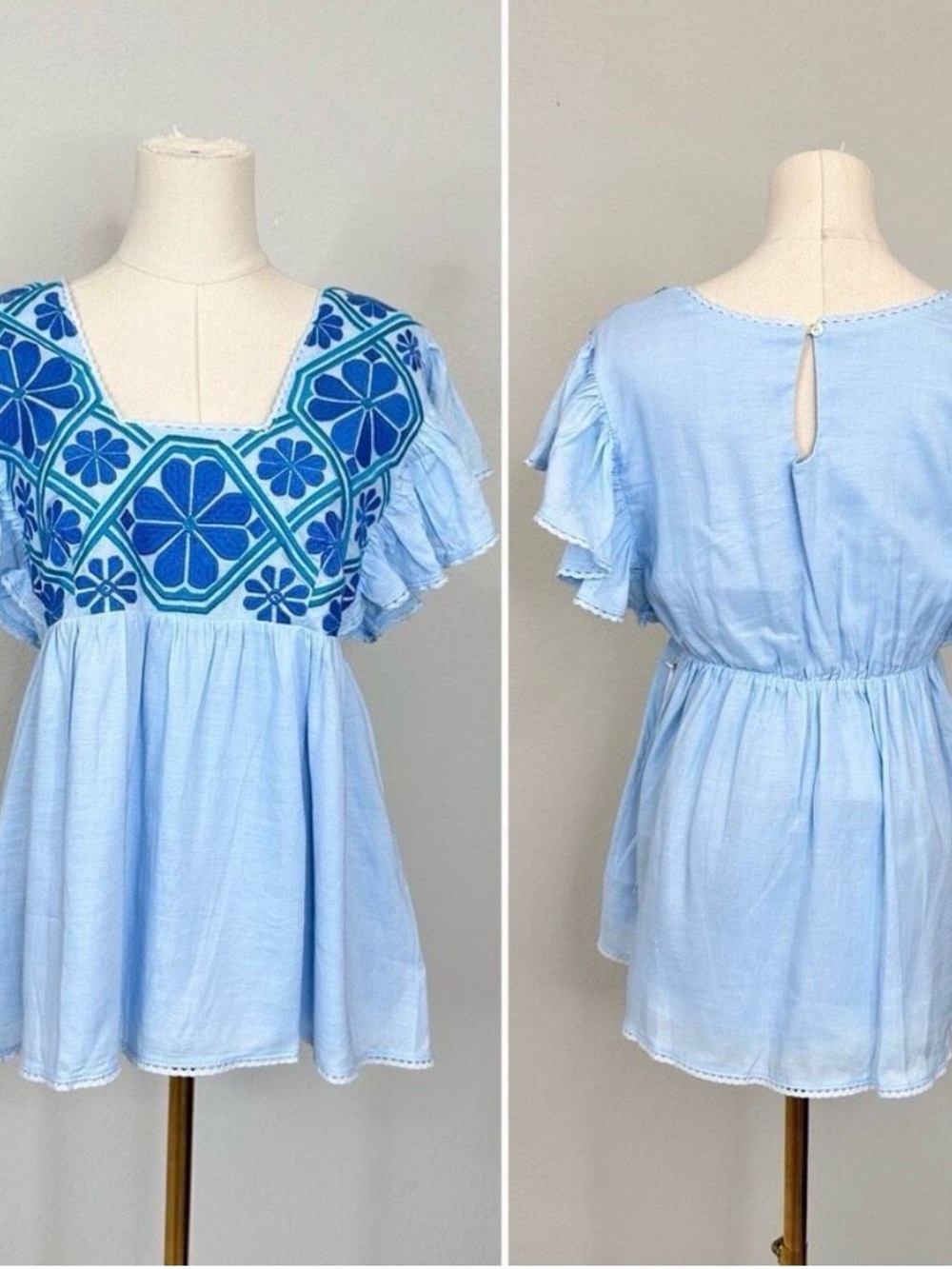 J.Marie Embroidered Flutter Sleeve Top - Light Blue NWT Medium - Picture 3 of 14